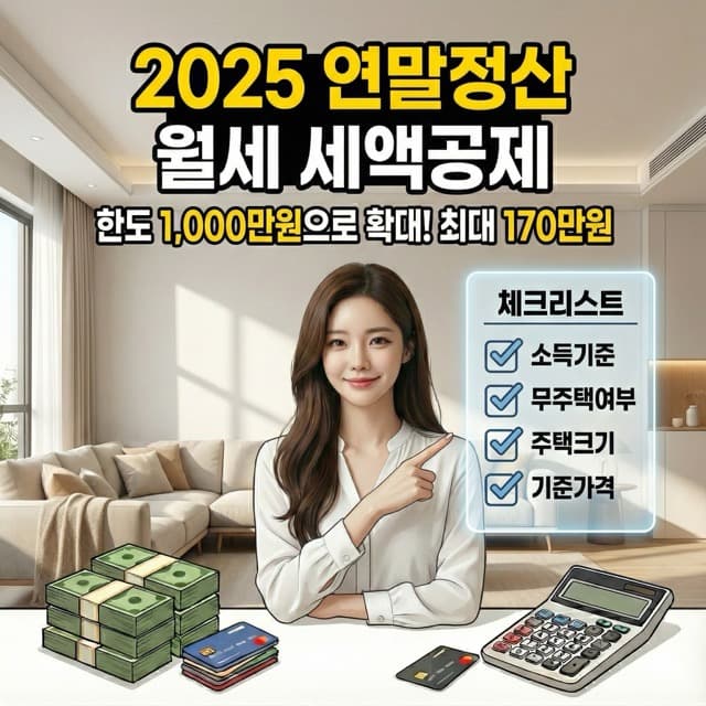 2025 연말정산 월세 세액공제 한도 1,000만원으로 확대! 연봉 8천만원 이하면 최대 170만원 돌려받아요